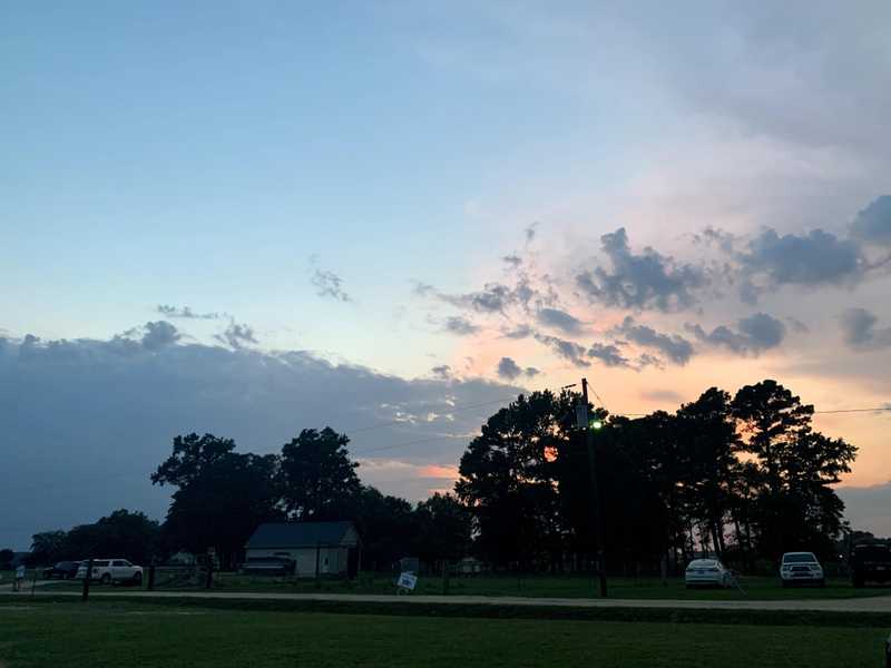 A sunset with the sun going behind tall trees